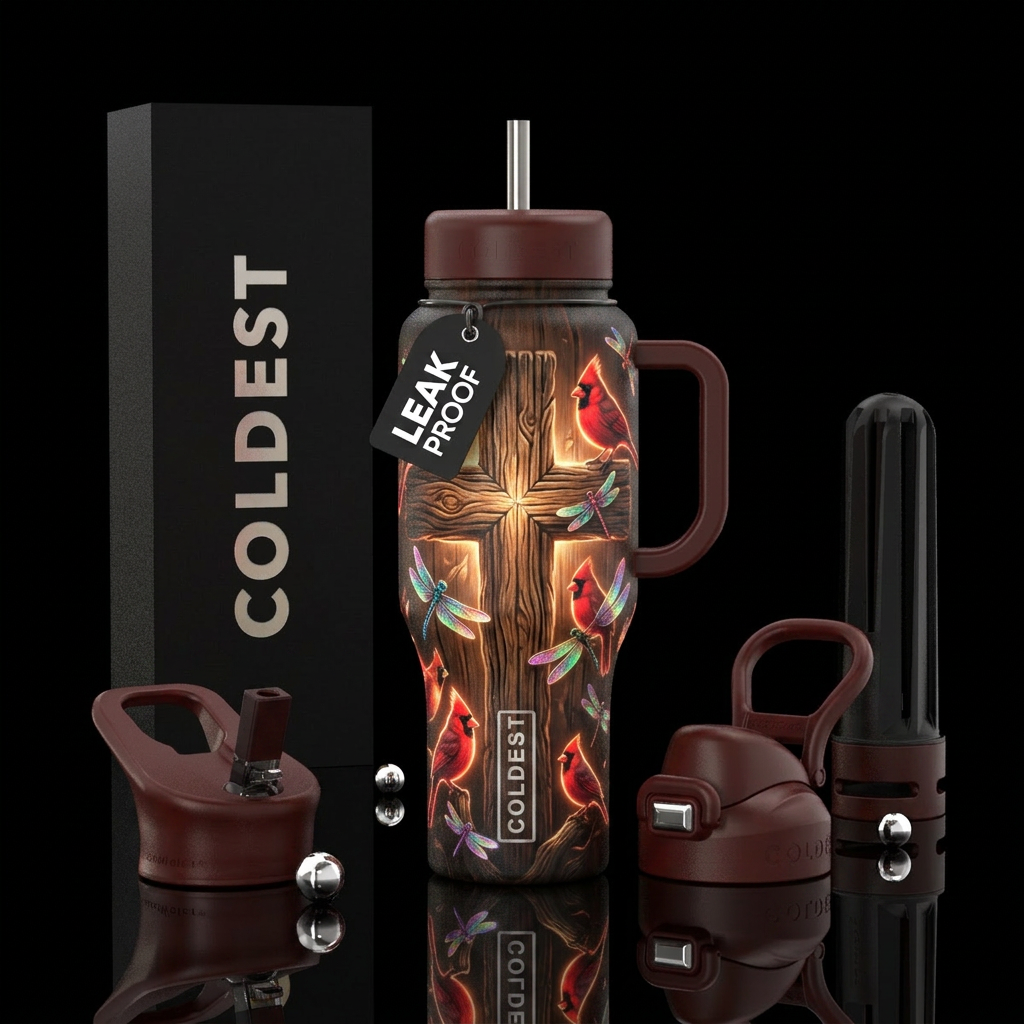 Glowie Cardinals and Dragonflies water bottle design