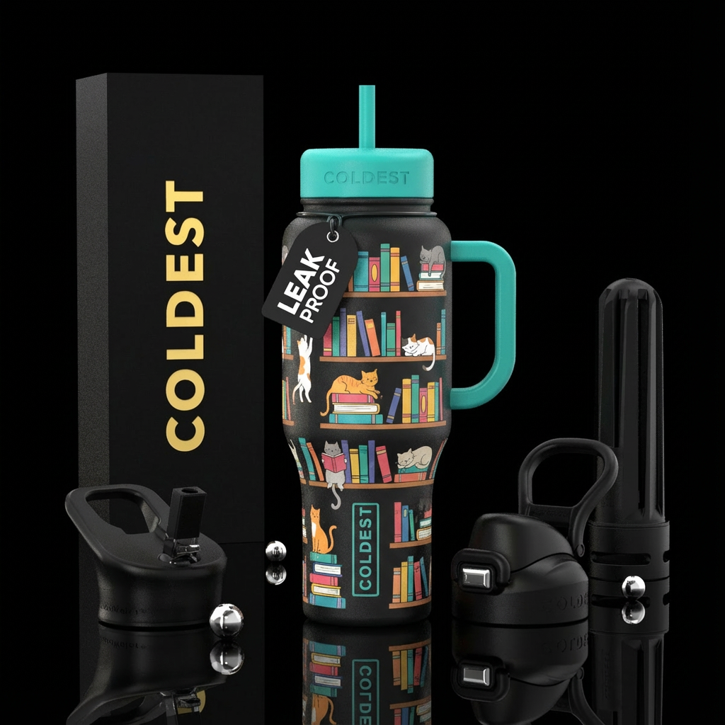 Books and cats water bottle design