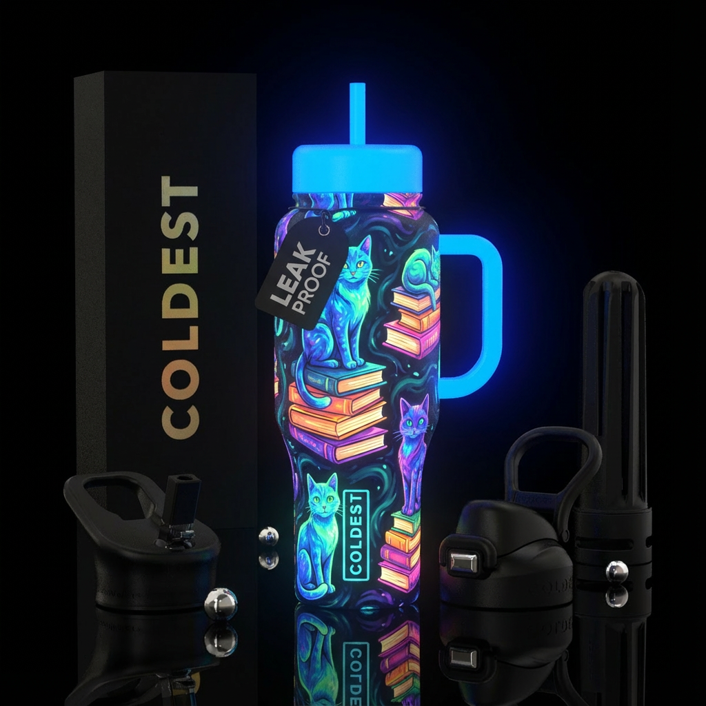 Glow in the dark cats and books water bottle design