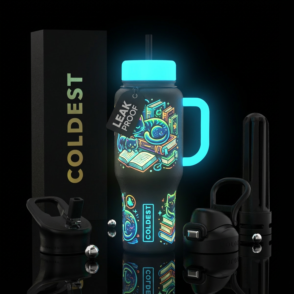 Glow in the dark cats and books water bottle design