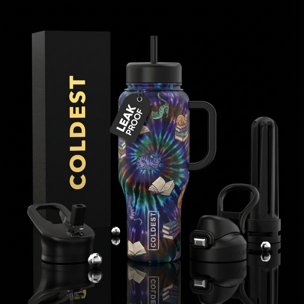 Tie-dye, in the dark, cat and books water bottle design