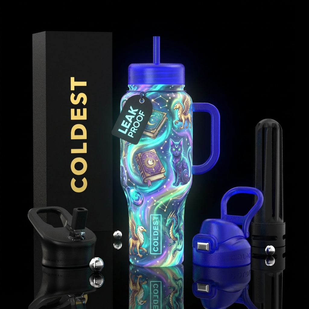 glowie, irridescent, whimsical, books, magical, ca... water bottle design