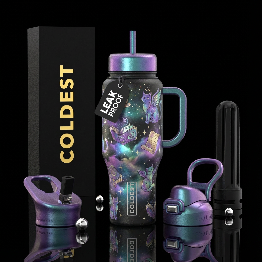 glowie, irridescent, whimsical, books, magical, ca... water bottle design