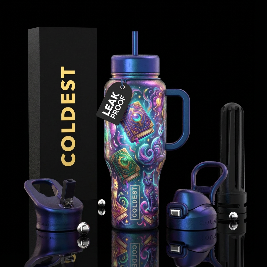 glowie, irridescent, whimsical, books, magical, ca... water bottle design