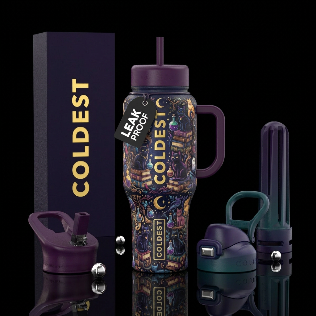 Dark, whimsical, cats, books, full of life water bottle design