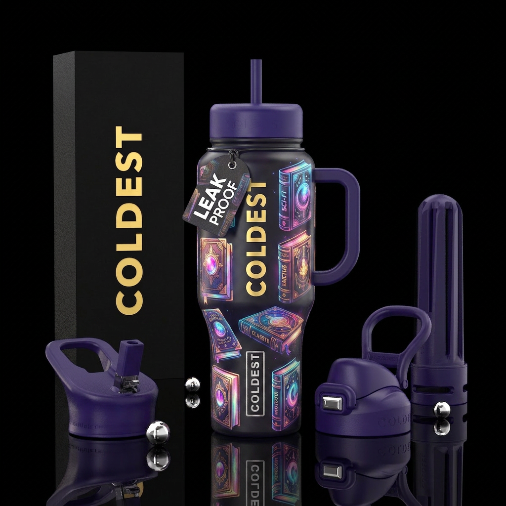 Dark, whimsical,, books, different genres, glowing... water bottle design