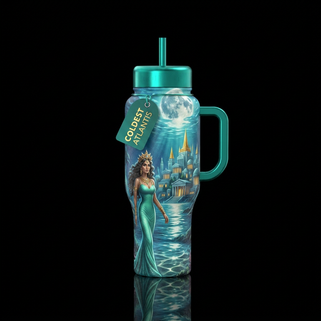Underwater a beautiful queen of Atlantis walks alo... water bottle design