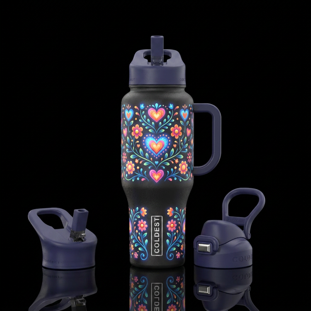 Glowie folk art hearts flowers water bottle design