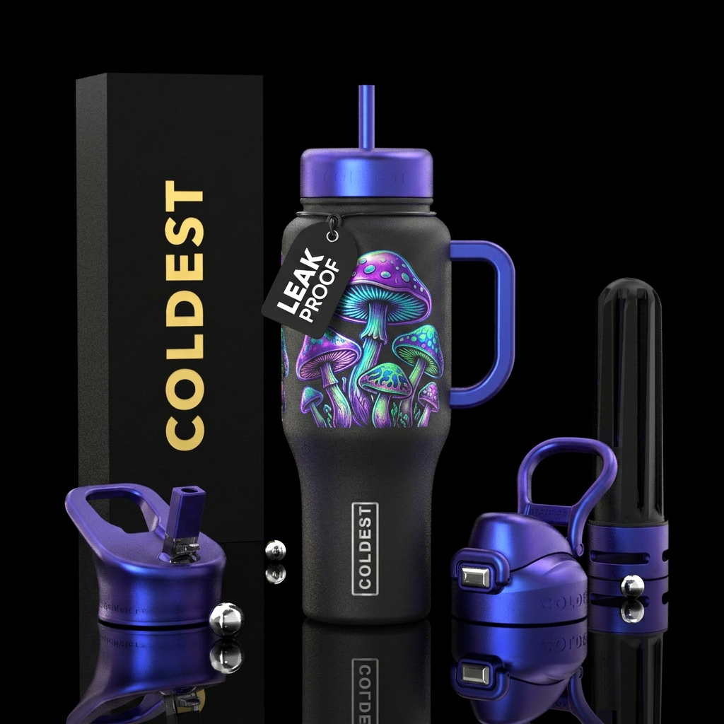 Glowing metallic psychedelic mushrooms water bottle design
