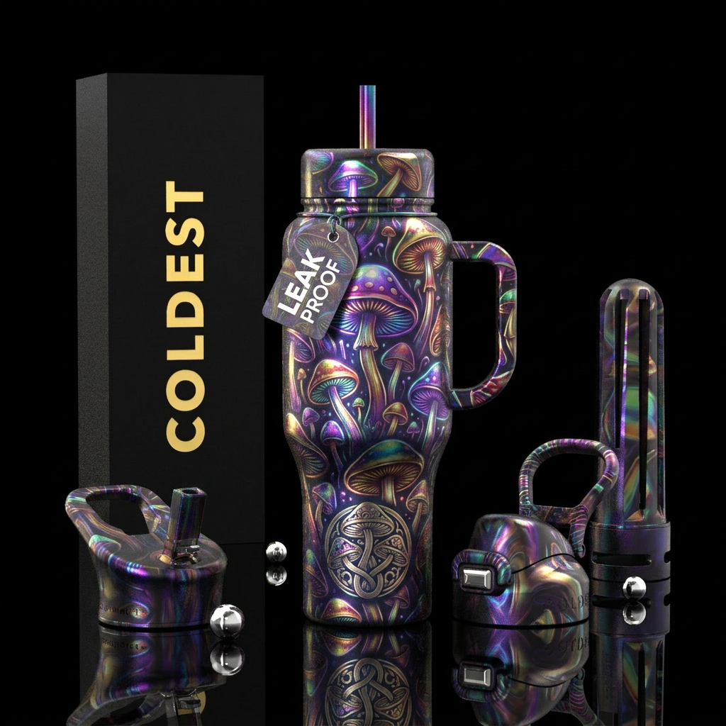 Glowing metallic psychedelic mushrooms water bottle design