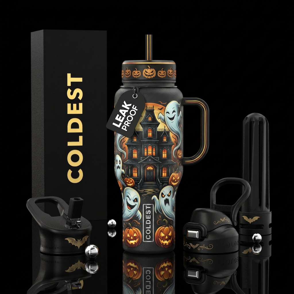 Haunted house, black Gothic house, ghosts, jack o'... water bottle design