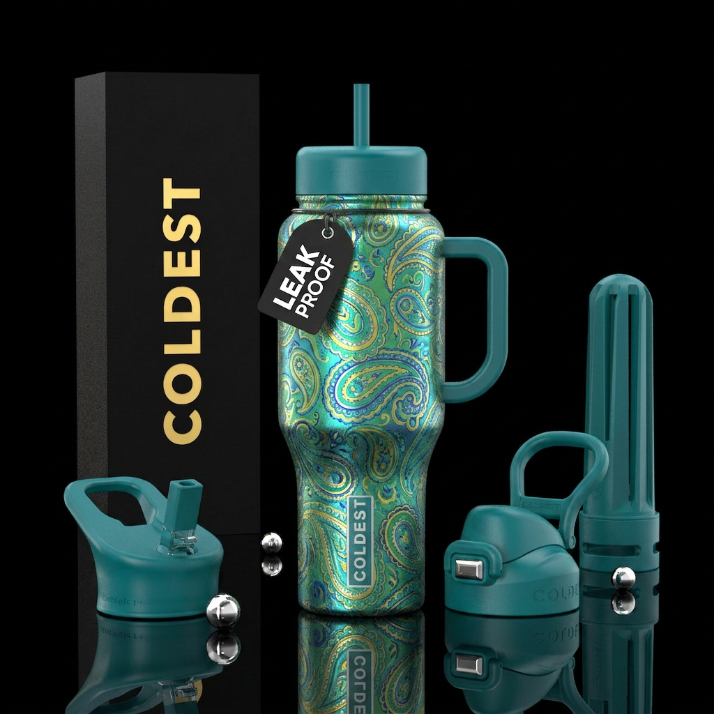 Metallic paisley green, teal, blue, gold yellow water bottle design