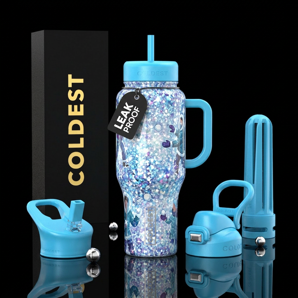 Snowball fight, sparkly water bottle design