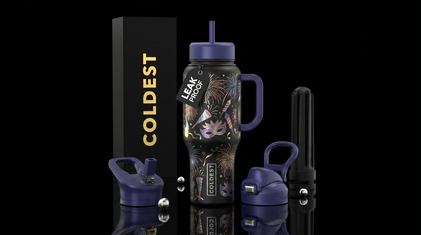New years eve fireworks, metallic, noisemakers, ma... water bottle design