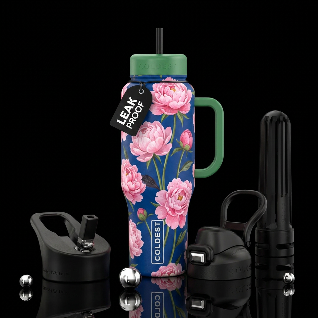 Pink peonies blue background green stems water bottle design