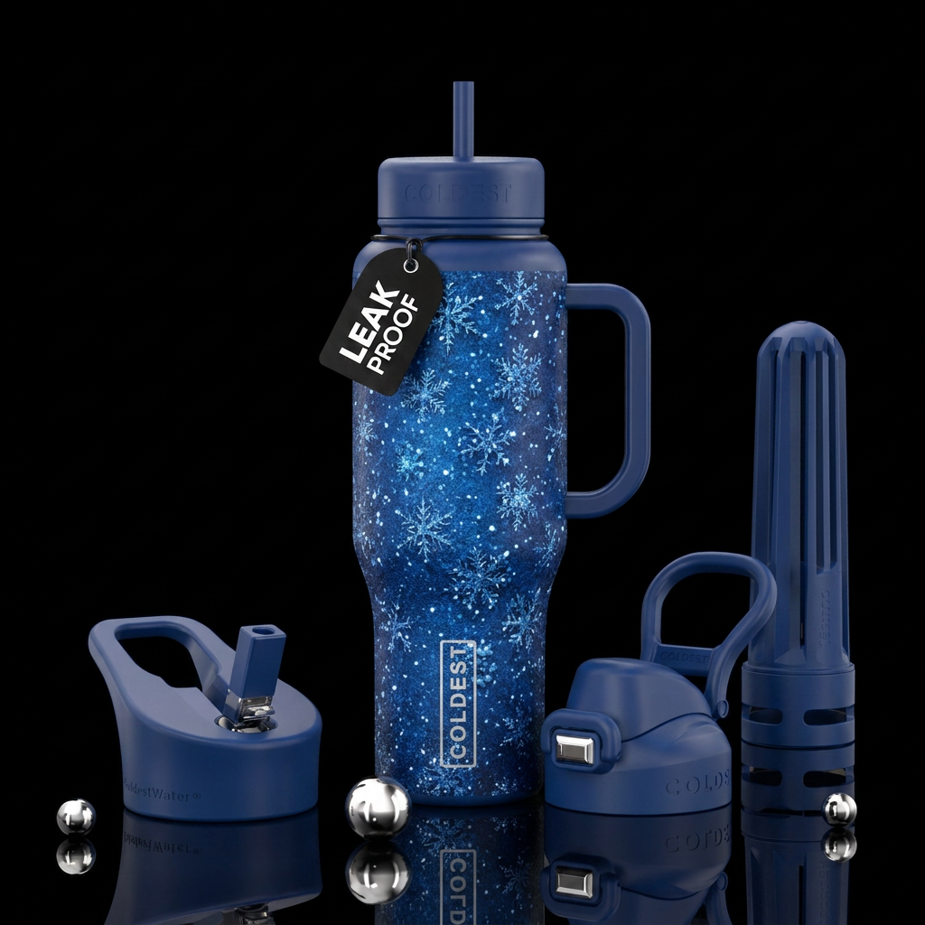 Dark Blue background, sparkly snowflakes snowstorm water bottle design