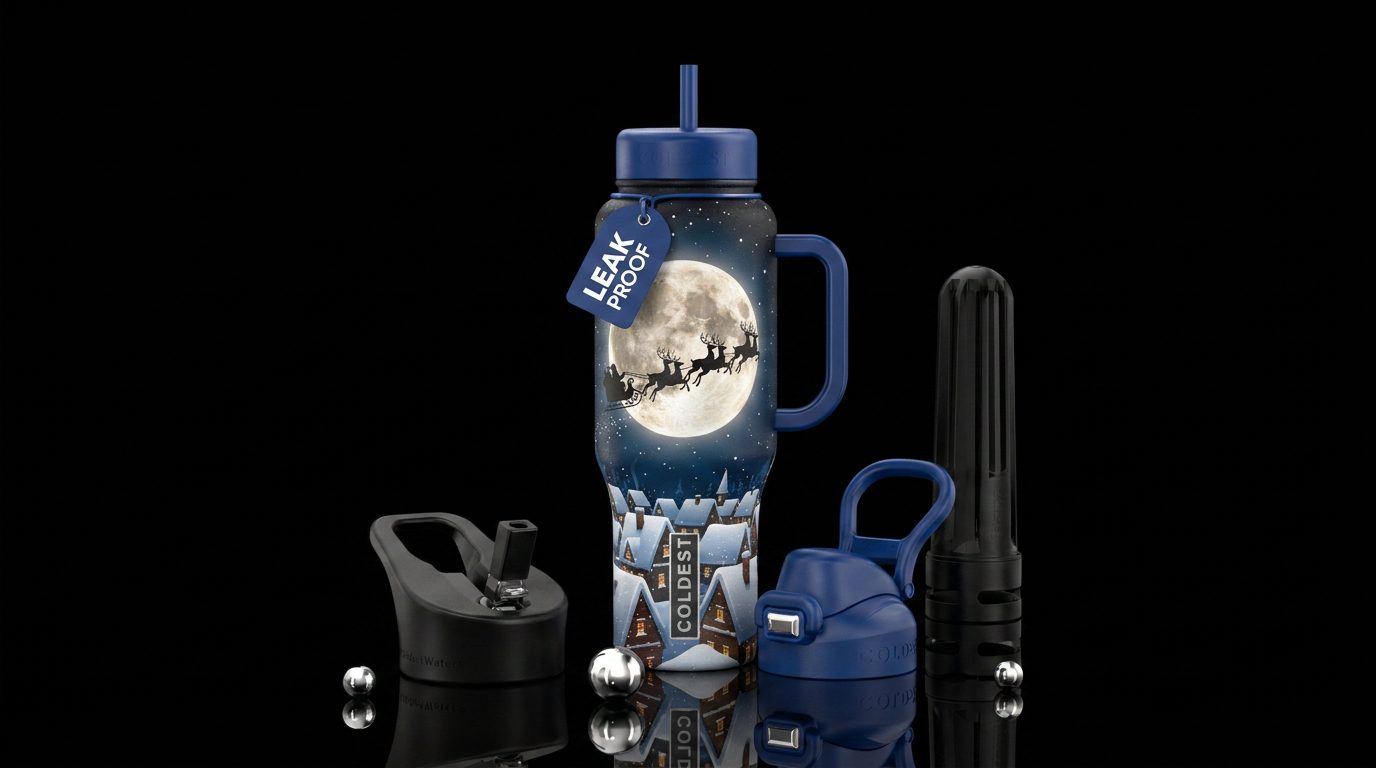 Full moon silhouette of Santa & reindeer flying ov... water bottle design