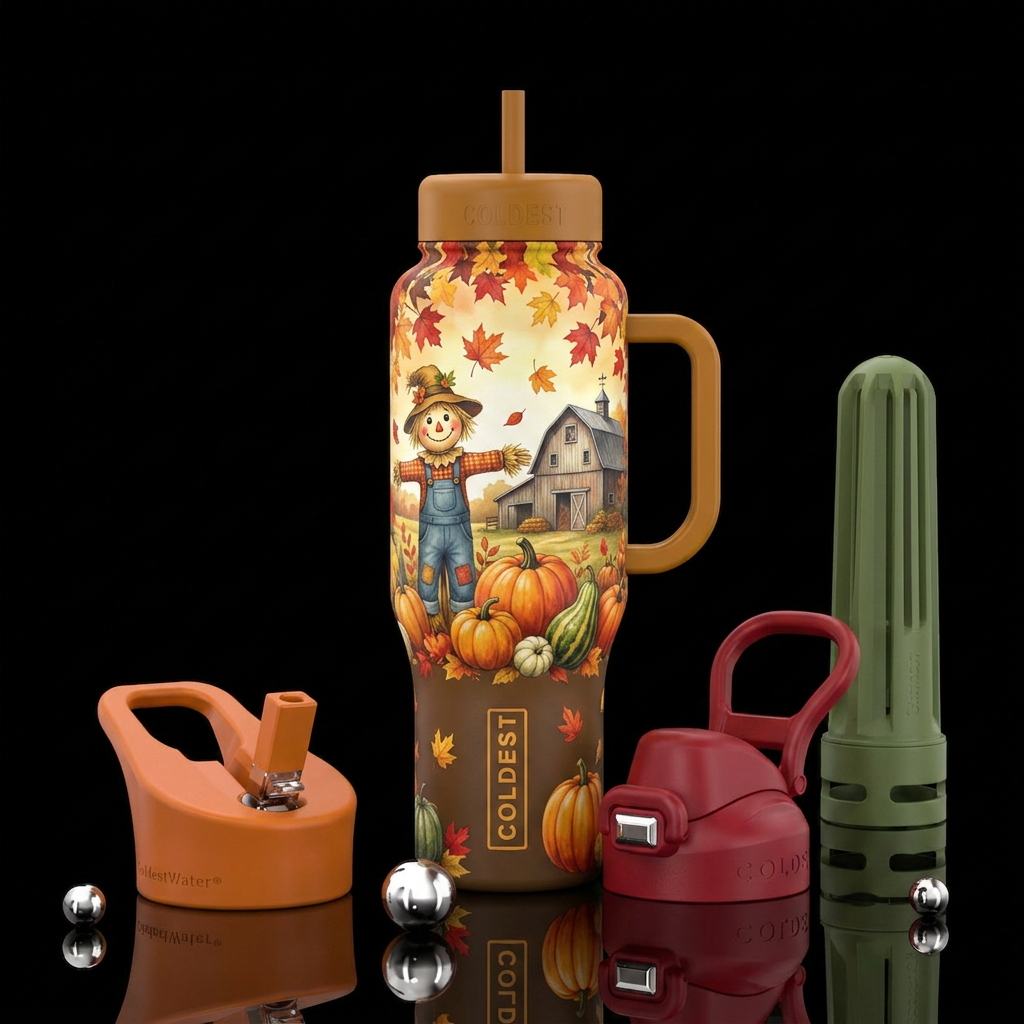 Colored leaves falling, friendly scarecrow, pumpki... water bottle design