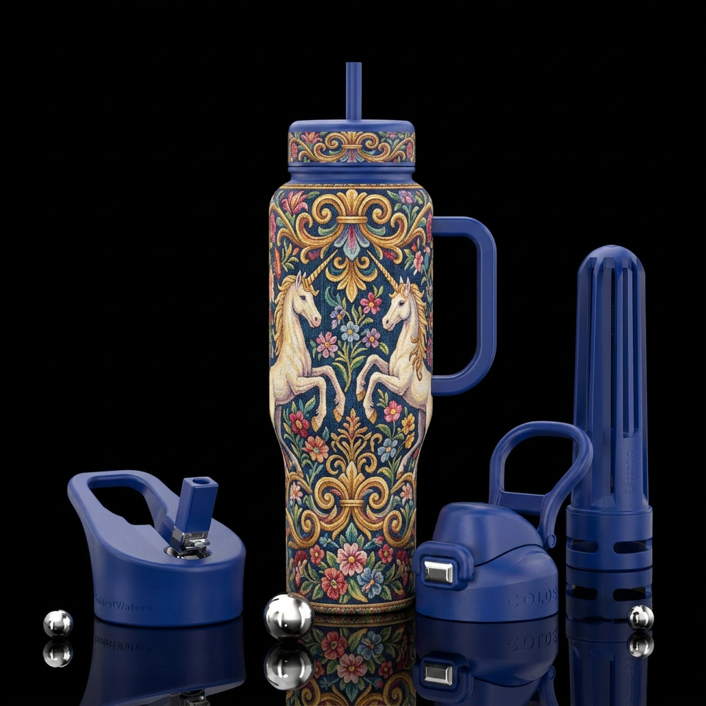 Tapestry unicorn scrollwork flowers water bottle design