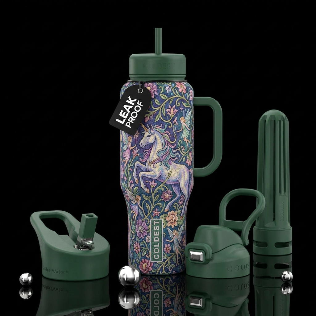 Tapestry unicorn vines flowers fairies water bottle design