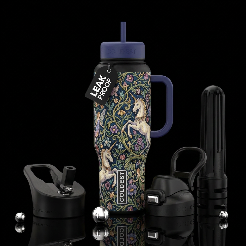 Tapestry unicorn vines flowers fairies water bottle design