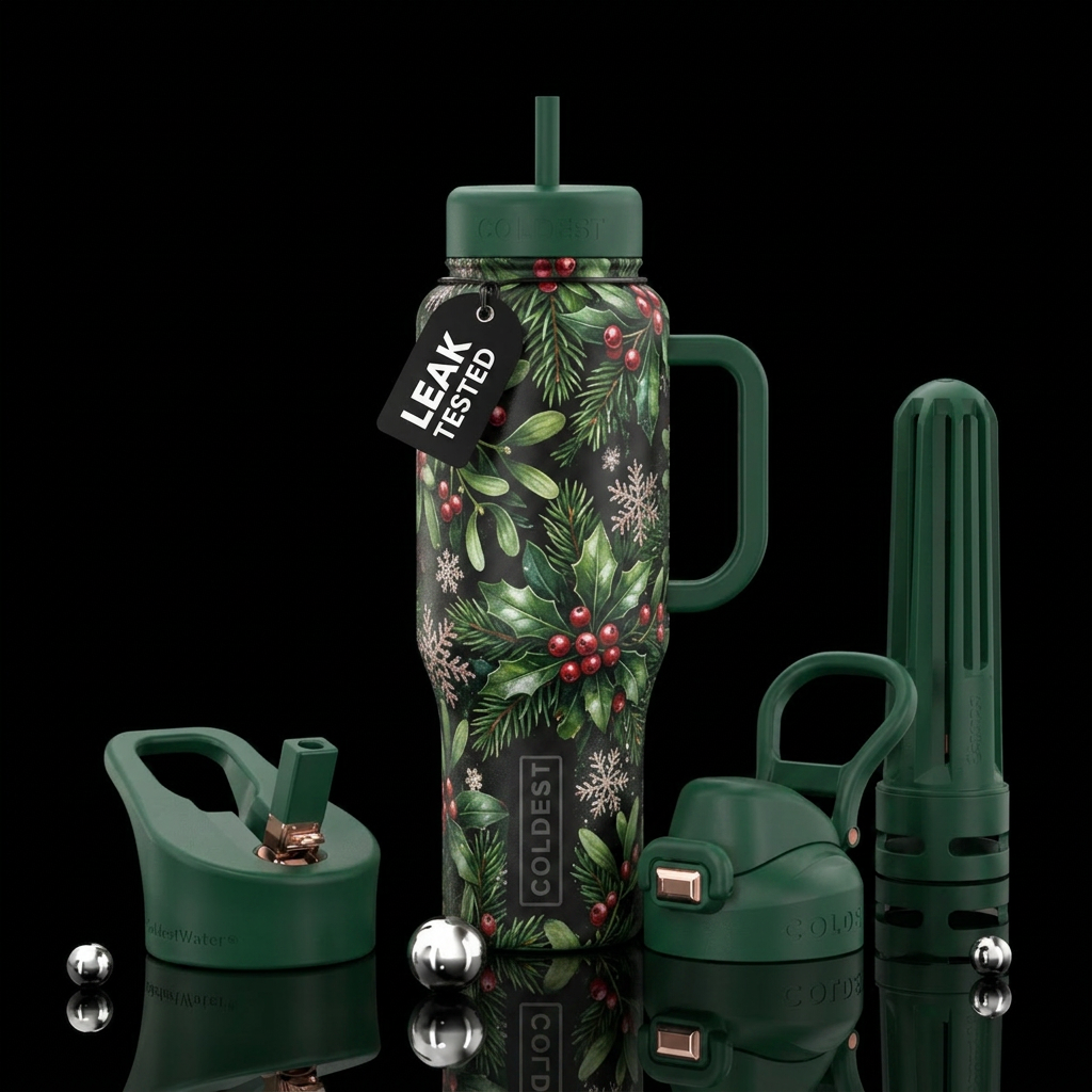 Mistletoe evergreen sparkly snowflakes water bottle design