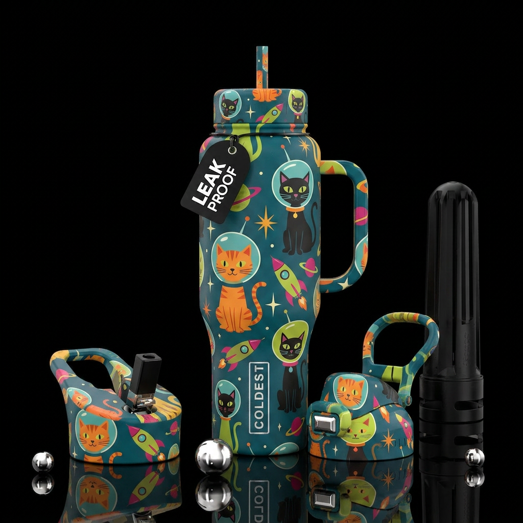 Mid century modern cats in space helmets water bottle design