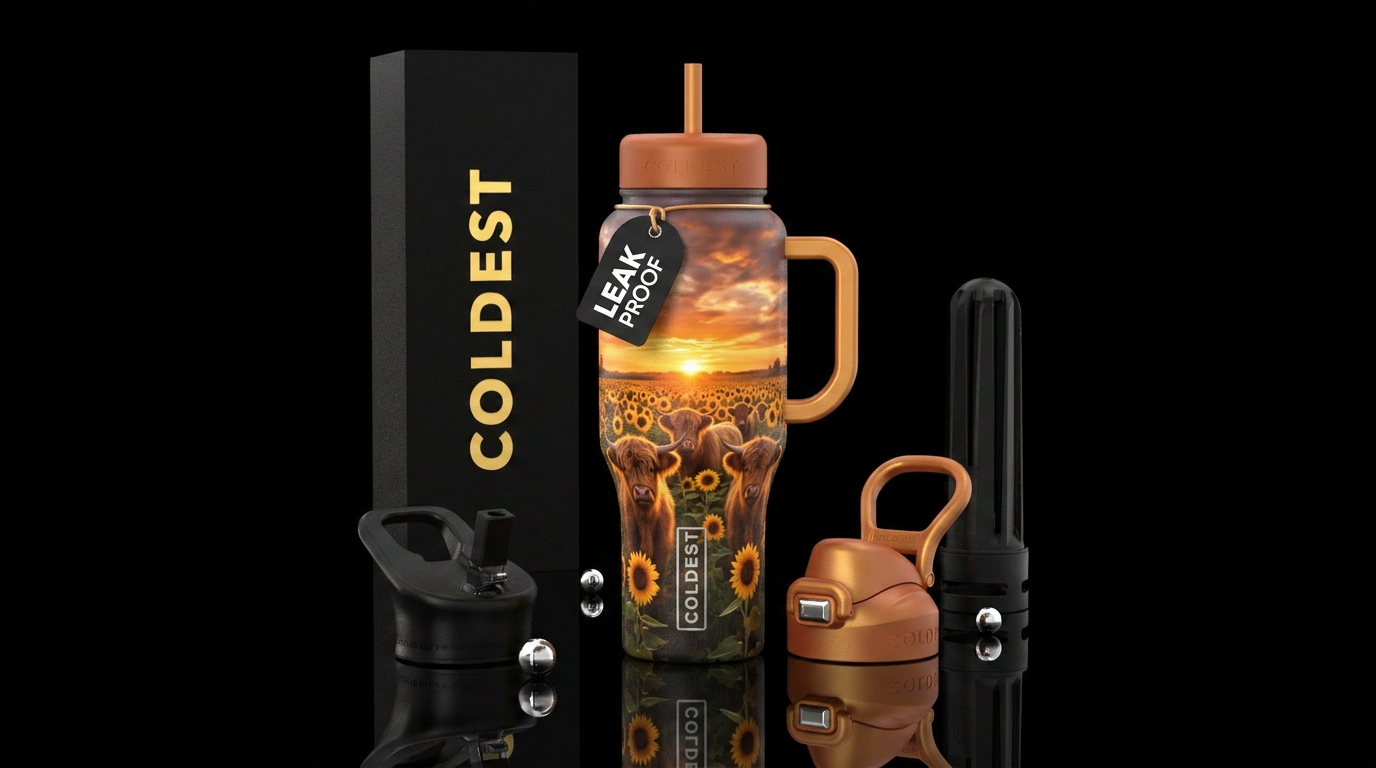 Baby Highland cows with sunflowers at sunset water bottle design