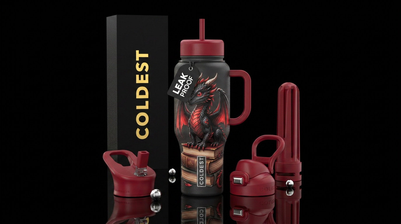 Black and red baby Dragon sitting on books water bottle design