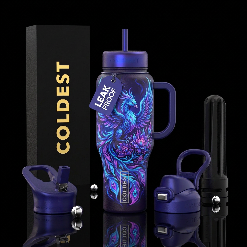 Pheonix with blue and purple flames surrounded by ... water bottle design