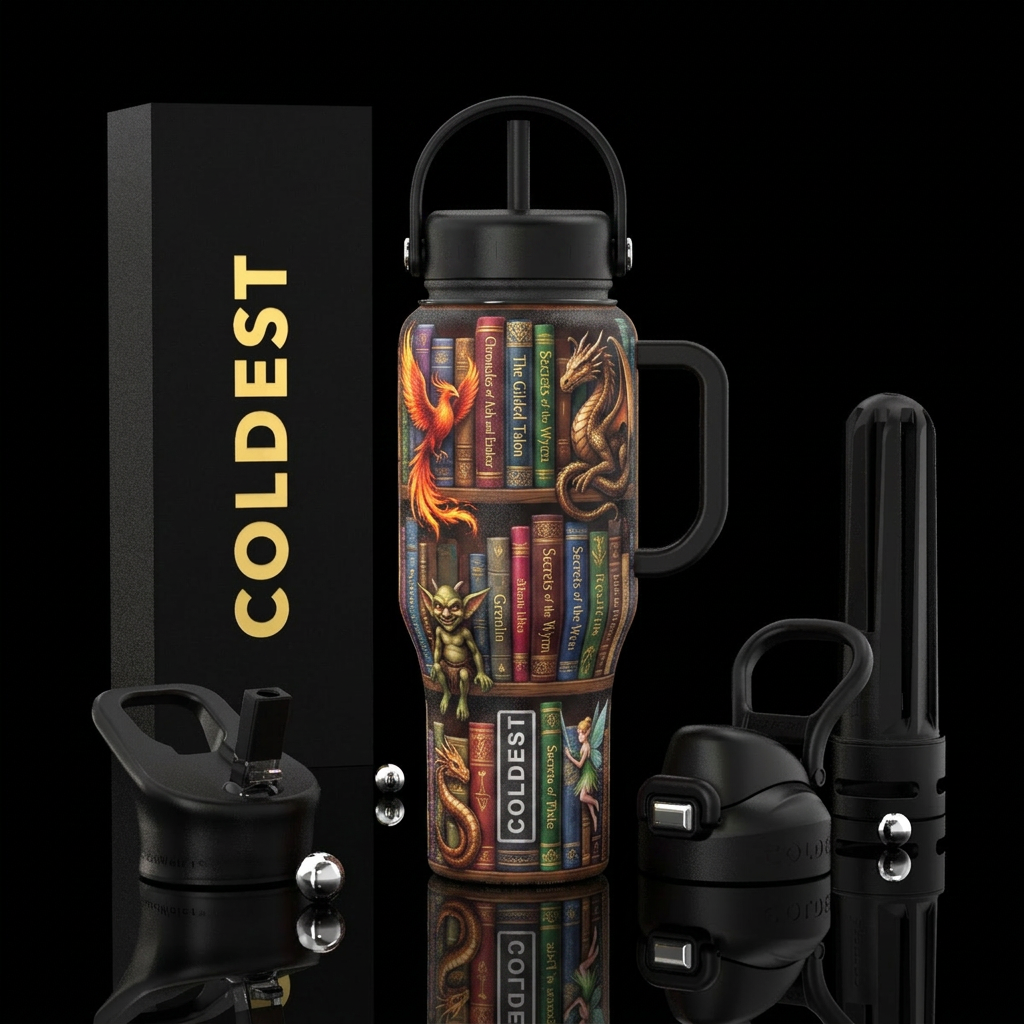 Bookshelf filled with fantasy books and knickknack... water bottle design