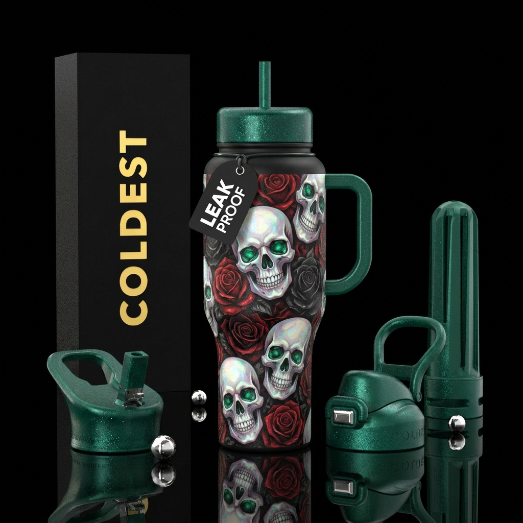 Opal skulls with emerald eyes surrounded by red an... water bottle design