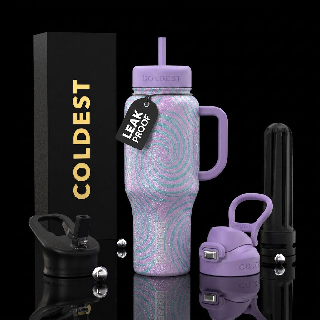 Glittery light purple and teal spirals with a ligh... water bottle design
