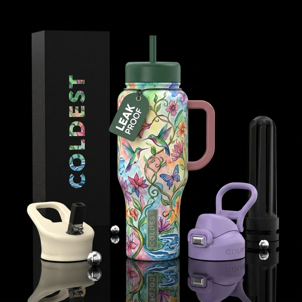 Water color hummingbird water bottle design