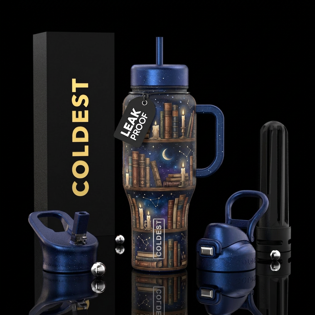 Starry bookshelf water bottle design