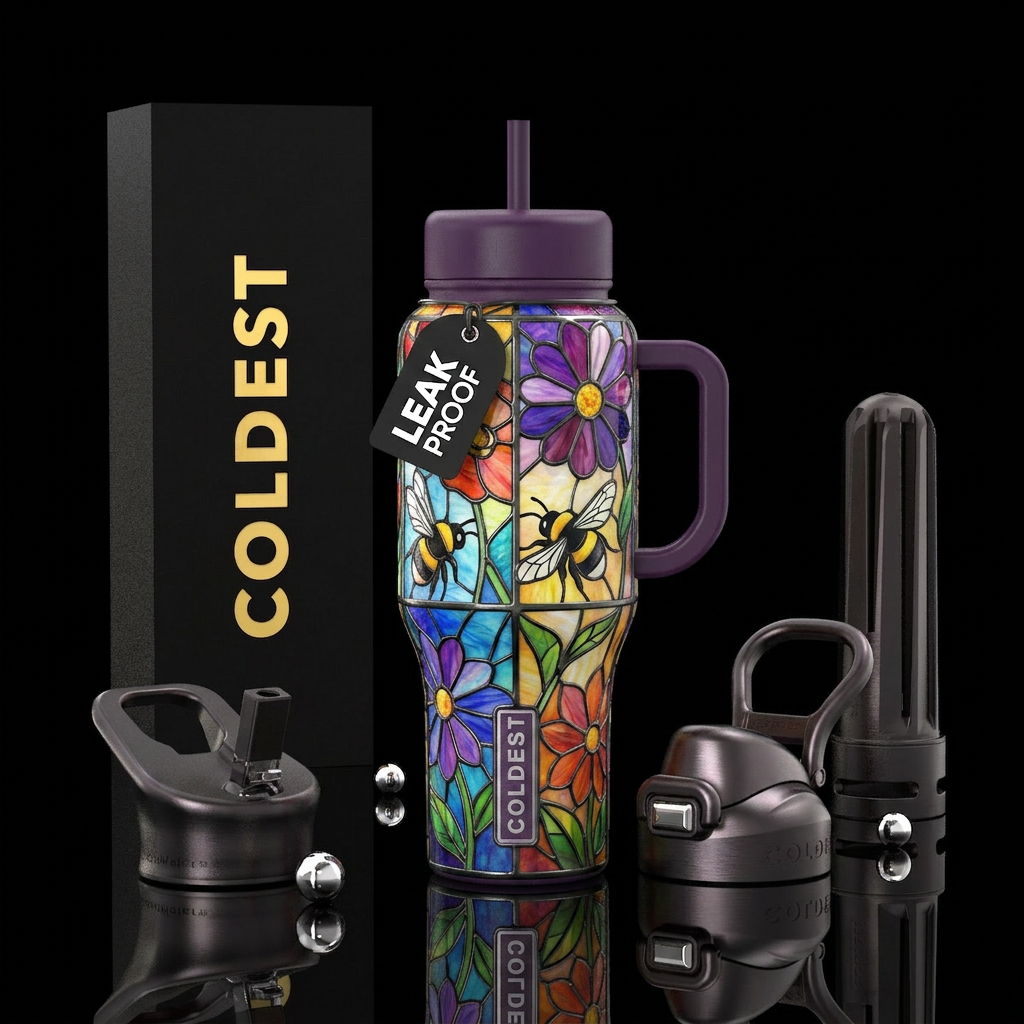 Abstract stained glass flowers and bumble bees water bottle design