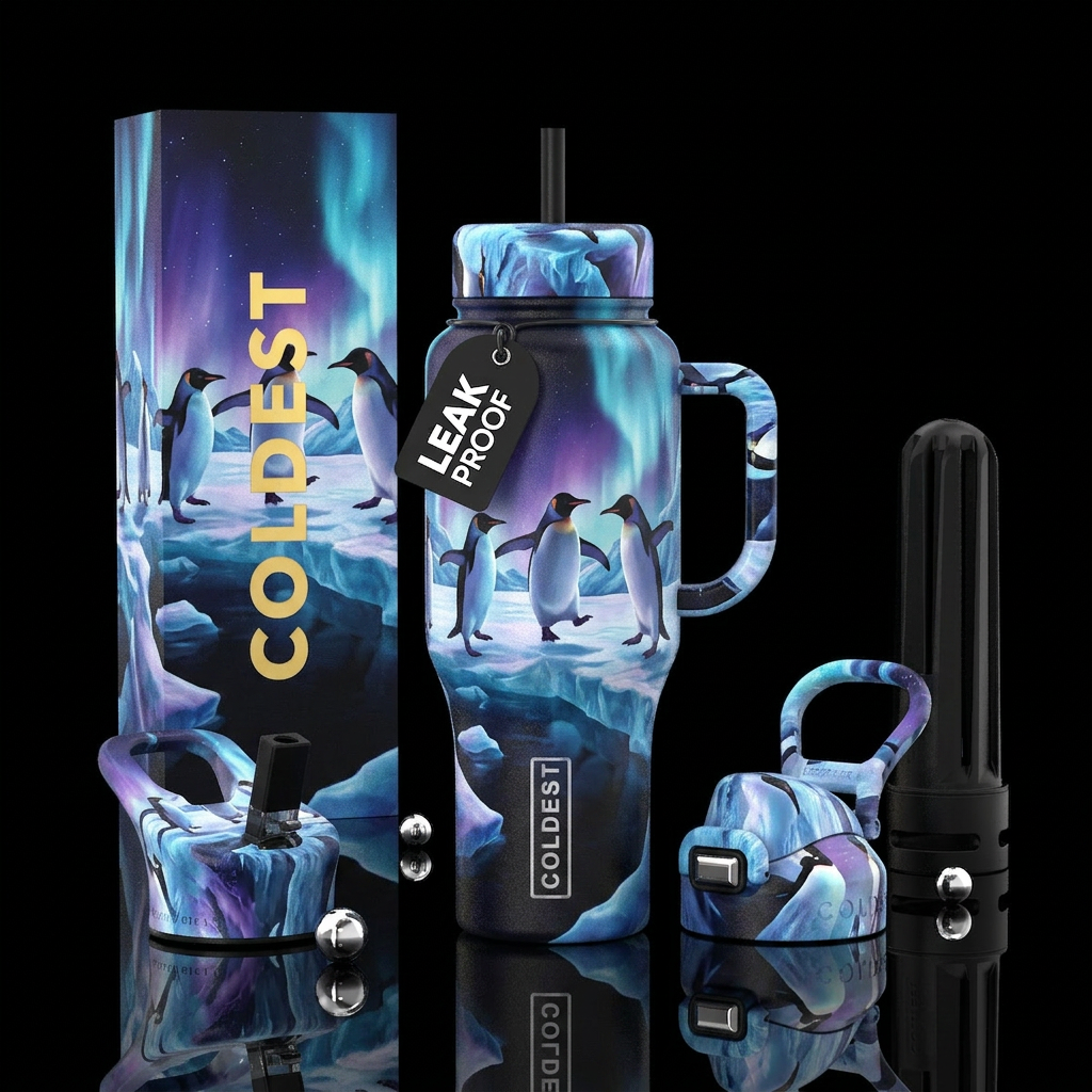 Dancing penguins ice arctic water bottle design