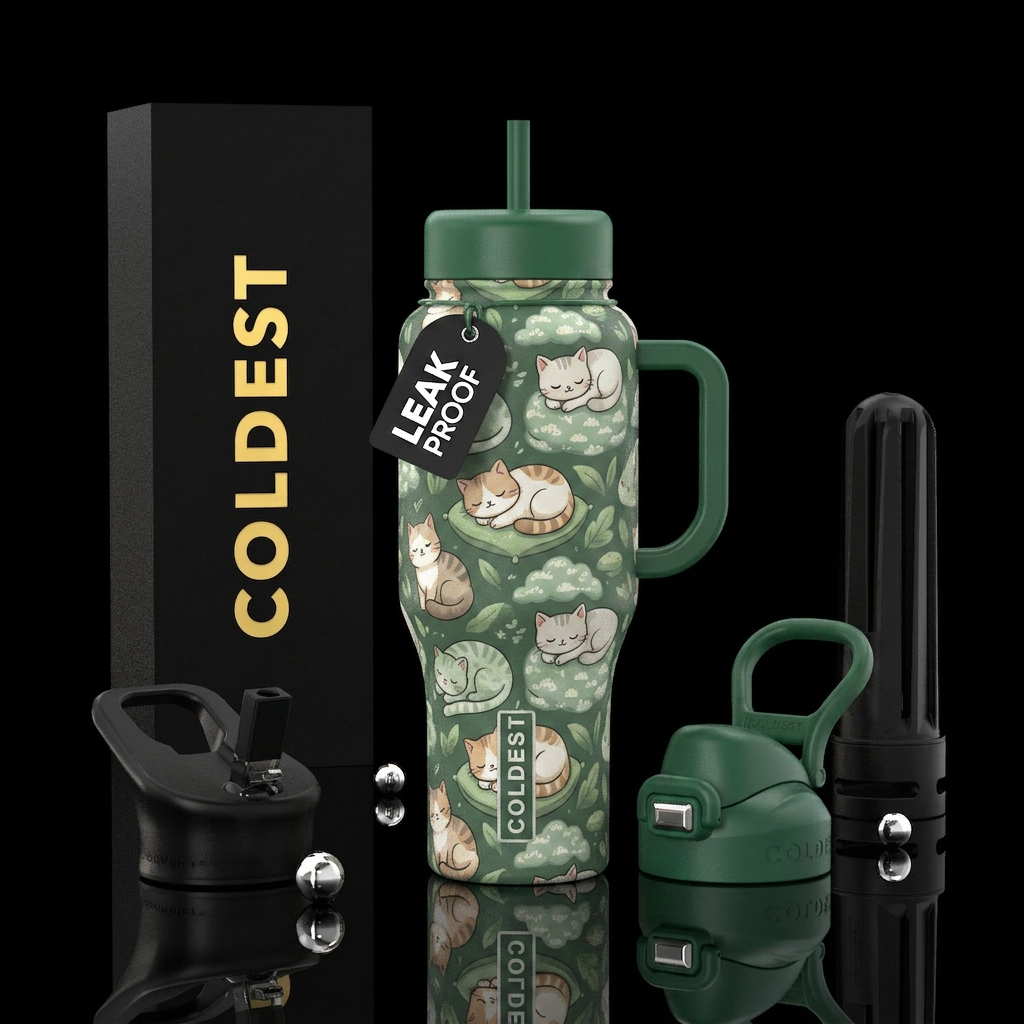 Comfy cats sleepy green water bottle design