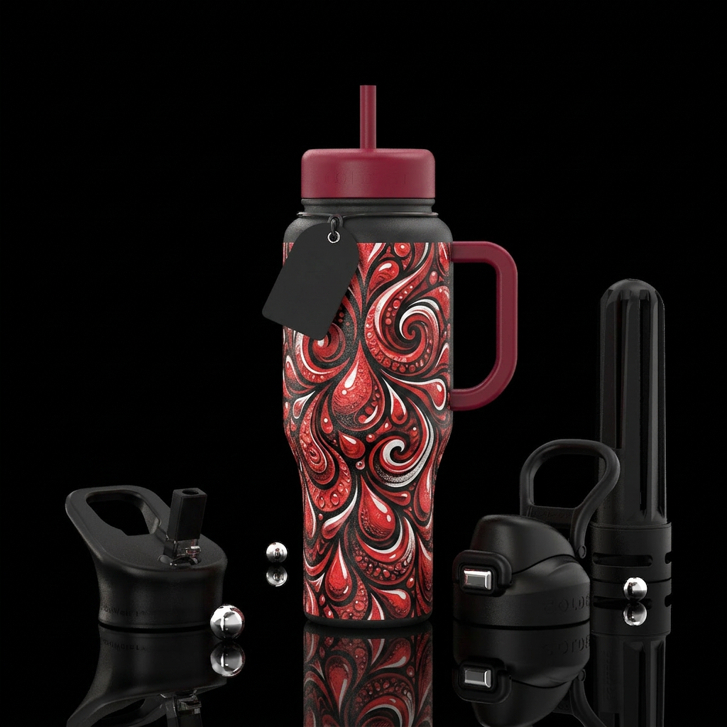 Crimson droplets white and black water bottle design
