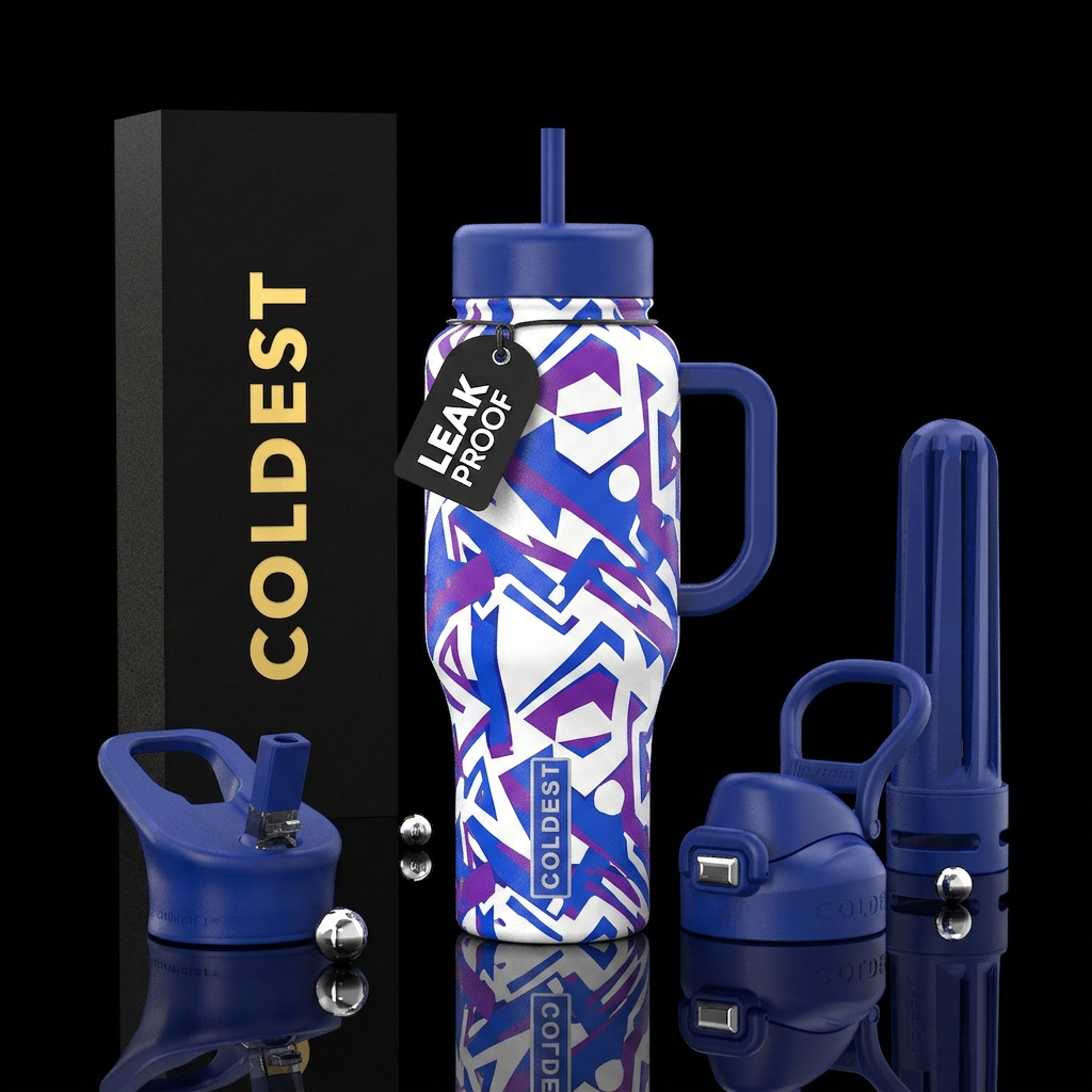 90s retro white blue purple water bottle design