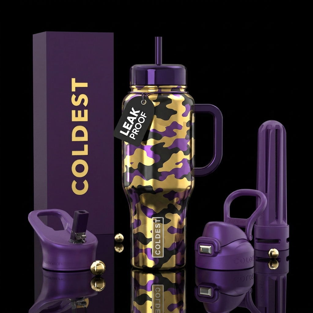 Gold black purple shiny camouflage water bottle design