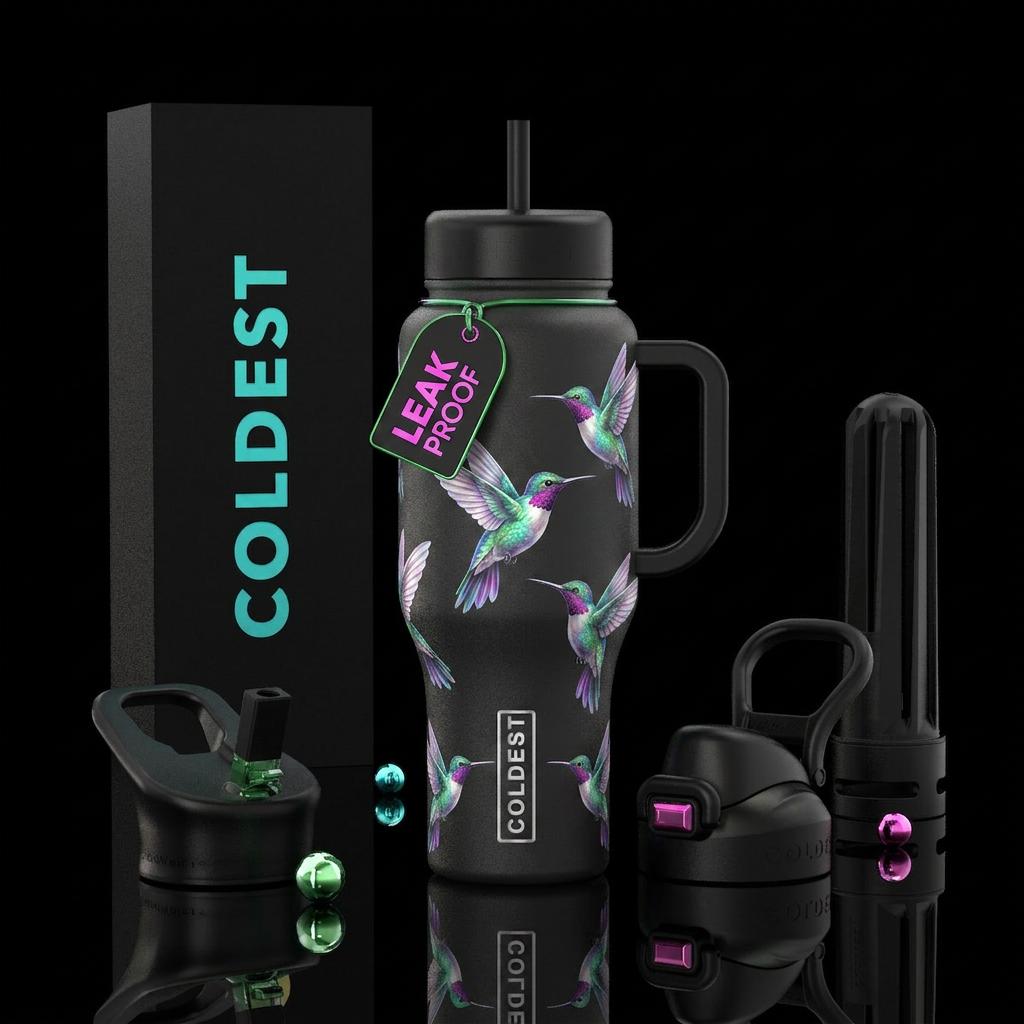 Pearlescent humming birds water bottle design