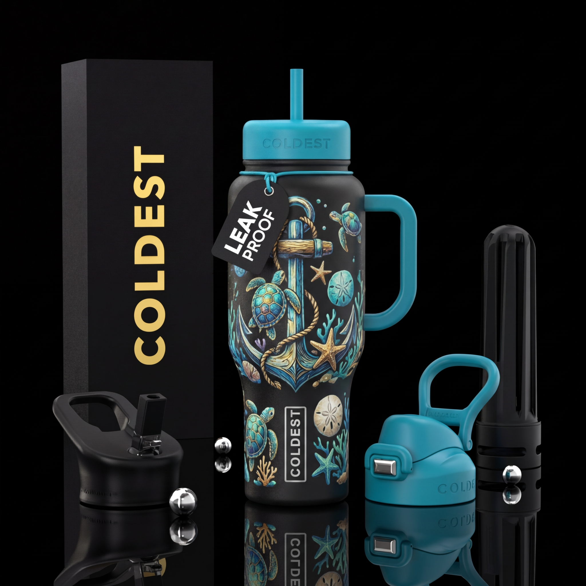 Anchor beach turtle water bottle design