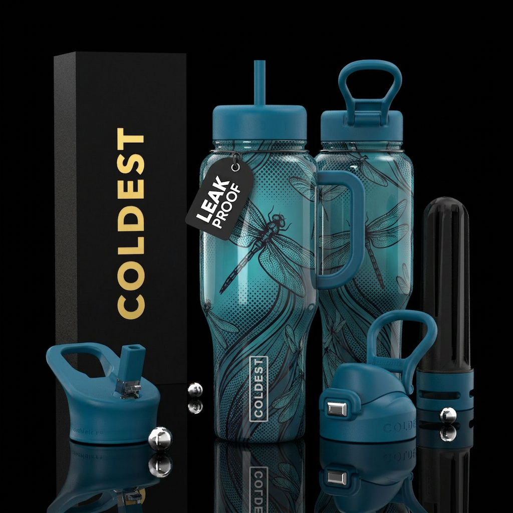 glossy, realism, please show both the front and ba... water bottle design