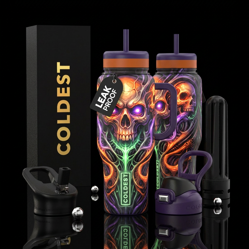 glossy, realism, please show both the front and ba... water bottle design