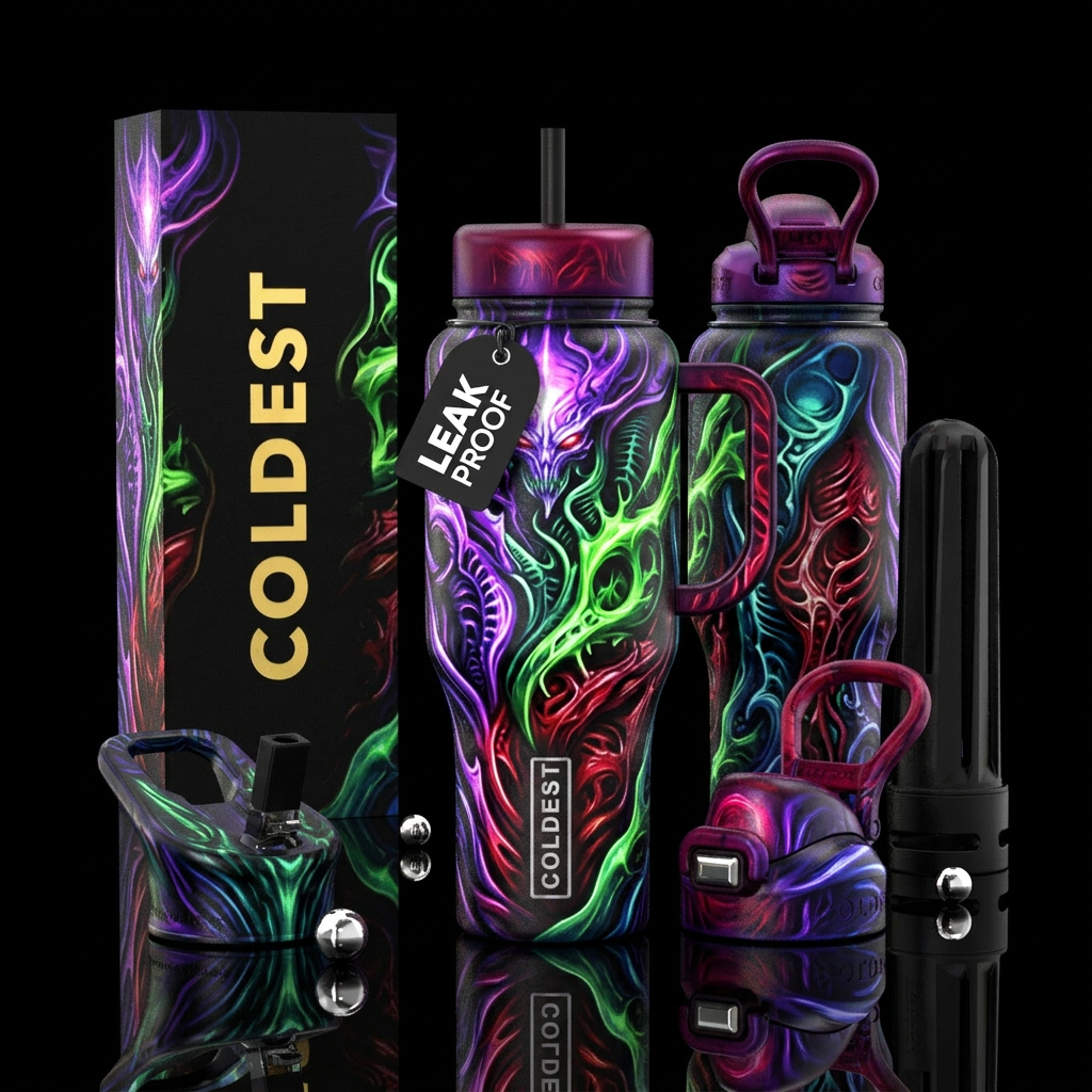 glossy, realism, please show both the front and ba... water bottle design