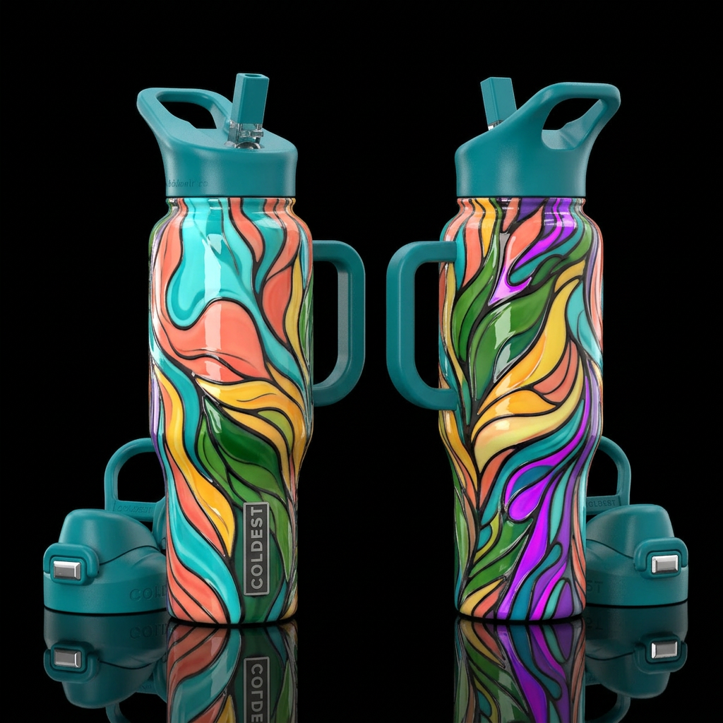 glossy, realism, please show both the front and ba... water bottle design