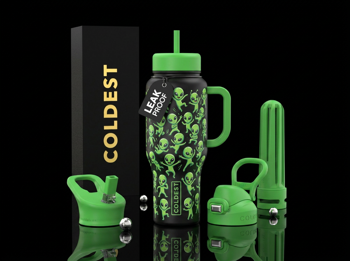 Dancing little green aliend all over the cup make ... water bottle design