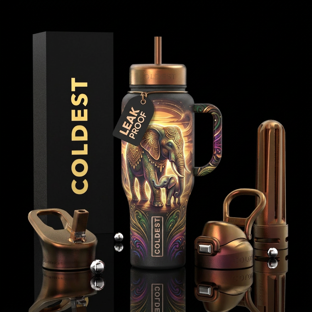 Mystic momma elephant with baby next to her in a g... water bottle design