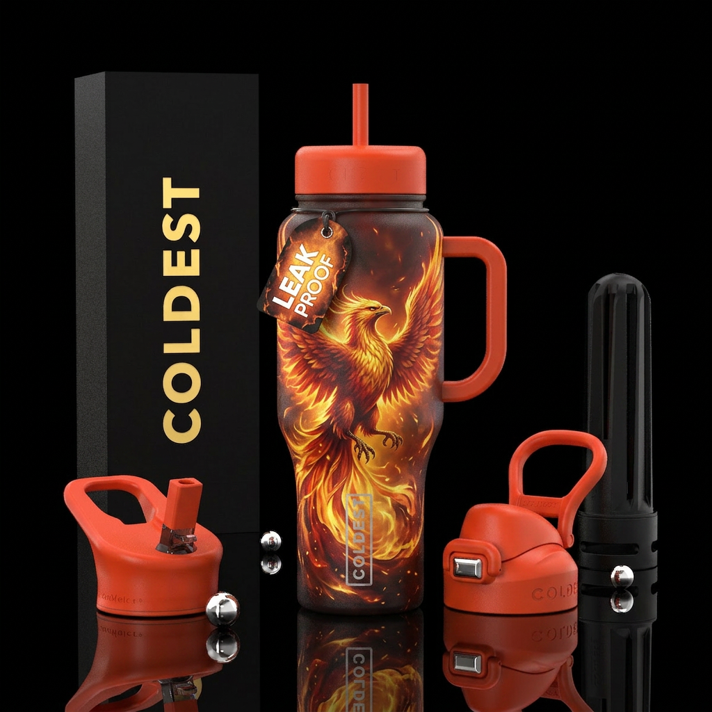 Fire Phoenix bird rising from glowie fire and ashe... water bottle design